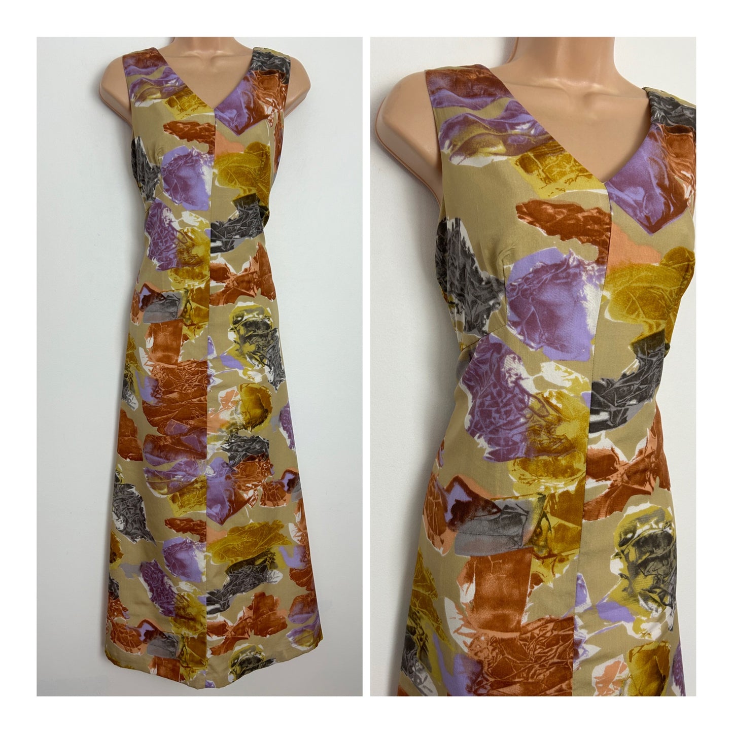 Vintage 1970s UK Size 10-12 Beige Lilac & Brown Tones Abstract Print Sleeveless Boho Maxi Dress