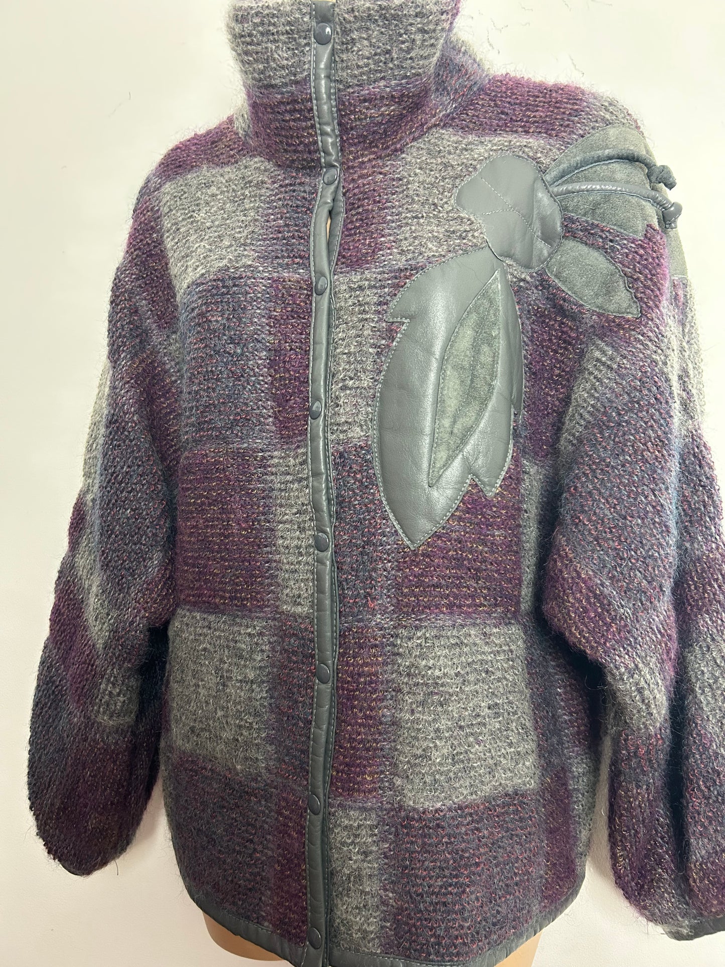 Vintage Late 1980s DINO VALIANO Size 12-14 Grey & Purple Check Kid Mohair Wool & Leather Applique Detail Coatigan