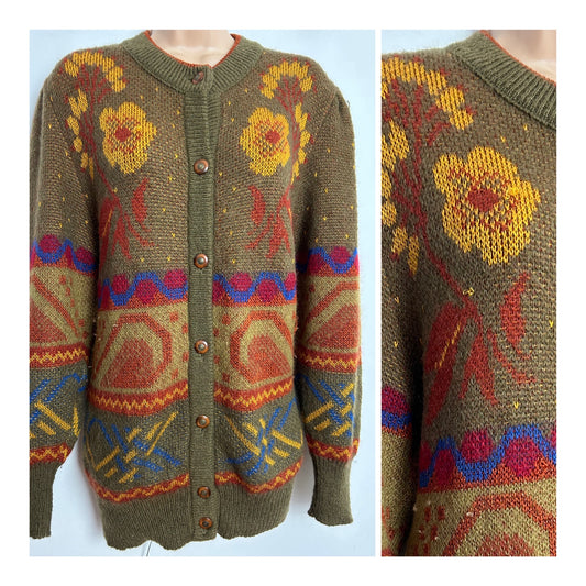Vintage 1980s One Size Up To Size 16/18 Olive Green Rusty Brown & Orange Abstract Pattern Mohair Mix Cardigan