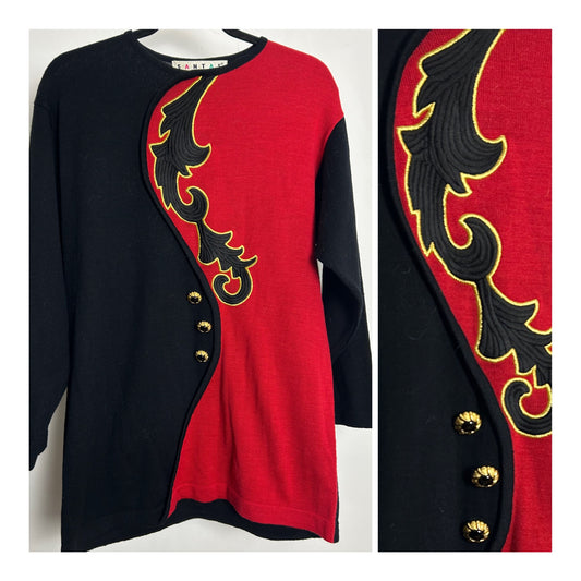 Vintage 1980s1990s  SANTAS Size 12-14 Black & Red Applique & Button Detail Wool Mix Jumper