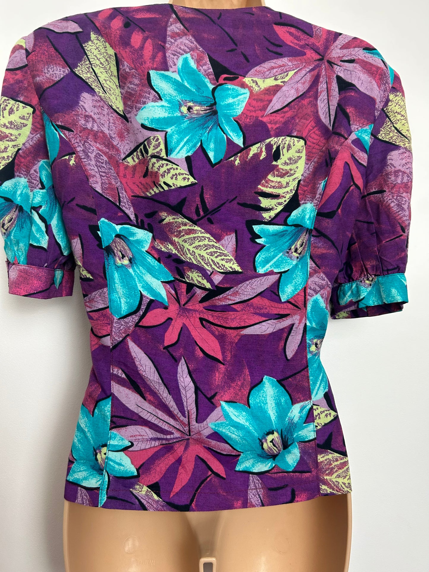 Vintage 1980s Italian Size 12 Purple & Turquoise Floral Print Short Sleeve Peplum Blouse/ Top