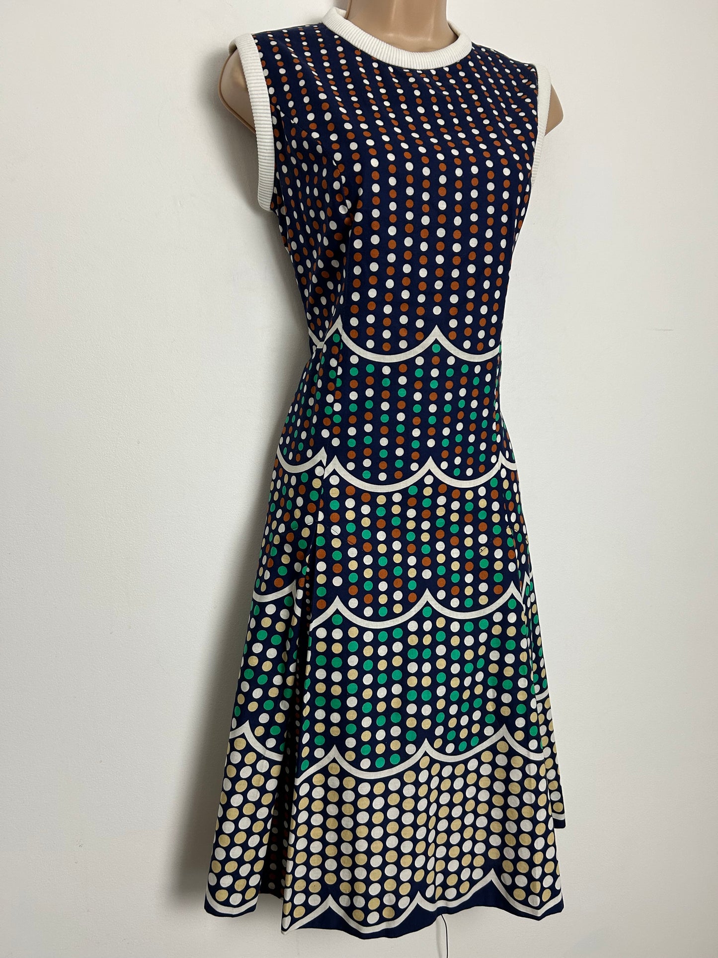 Vintage 1960s RODNEY Size 10 Navy Blue White Rust & Green Polka Dot Cotton Mix Kick Pleated Mod Dress