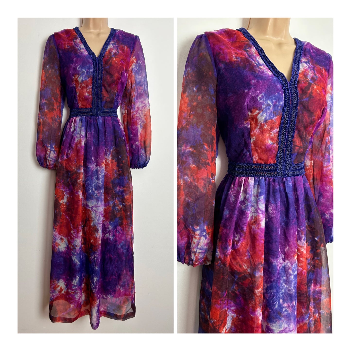 Vintage 1970s UK Size 8-10 Beautiful Purple Red & Pink Tones Tie Dye Effect Braid Trim Boho Maxi Dress