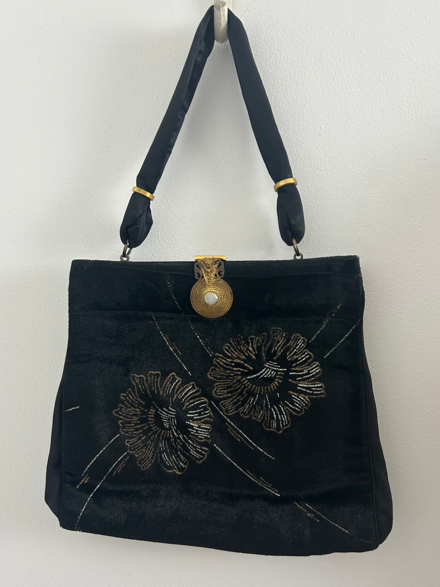 Vintage Early 1950s WALDYBAG Black Velvet Hand Painted Silver & Gold Floral Pattern Cocktail Handbag