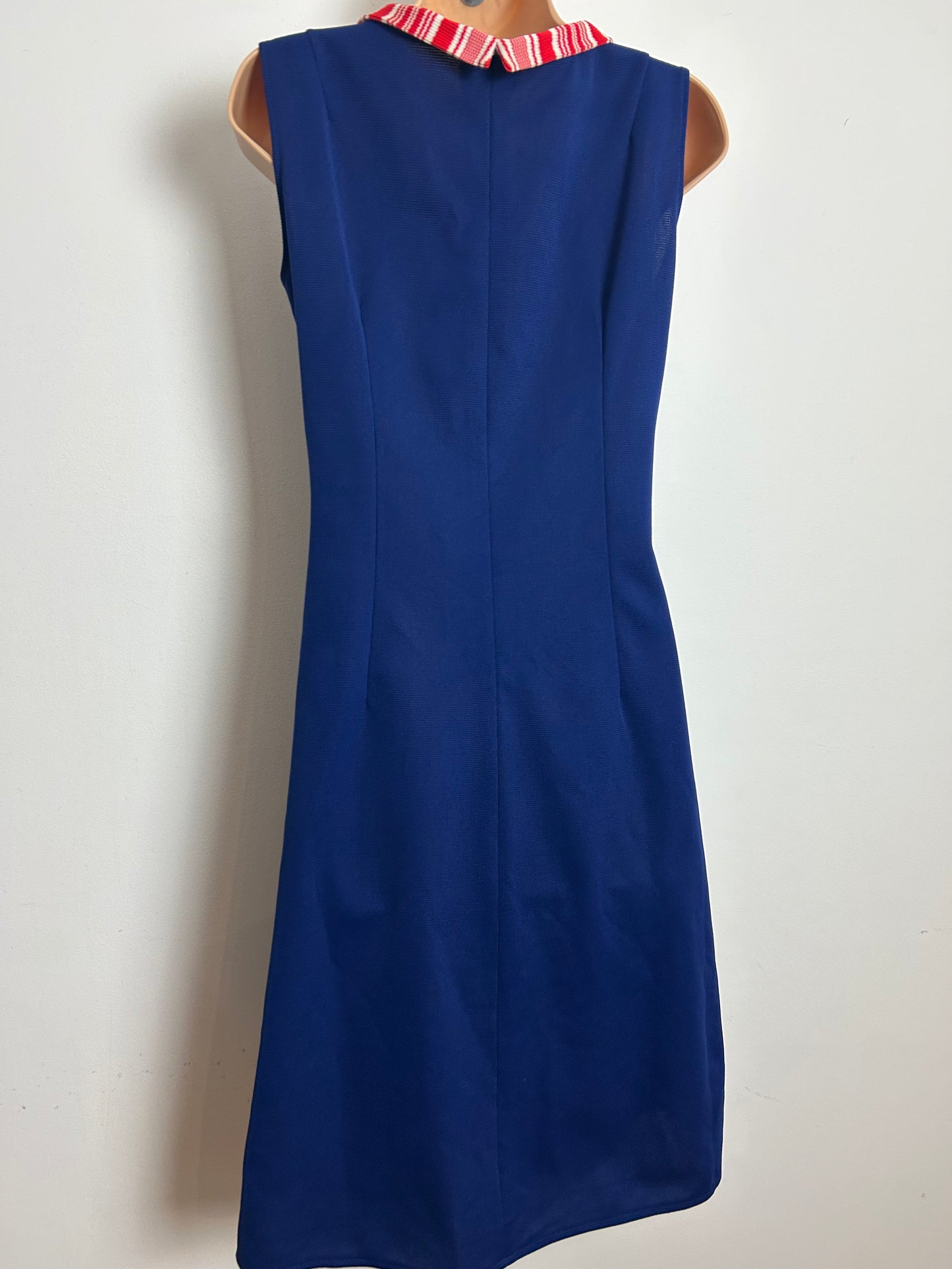 Vintage 1970s Size 12 Navy Blue Red & White Stripe Collar Sleeveless Mod Shift Dress
