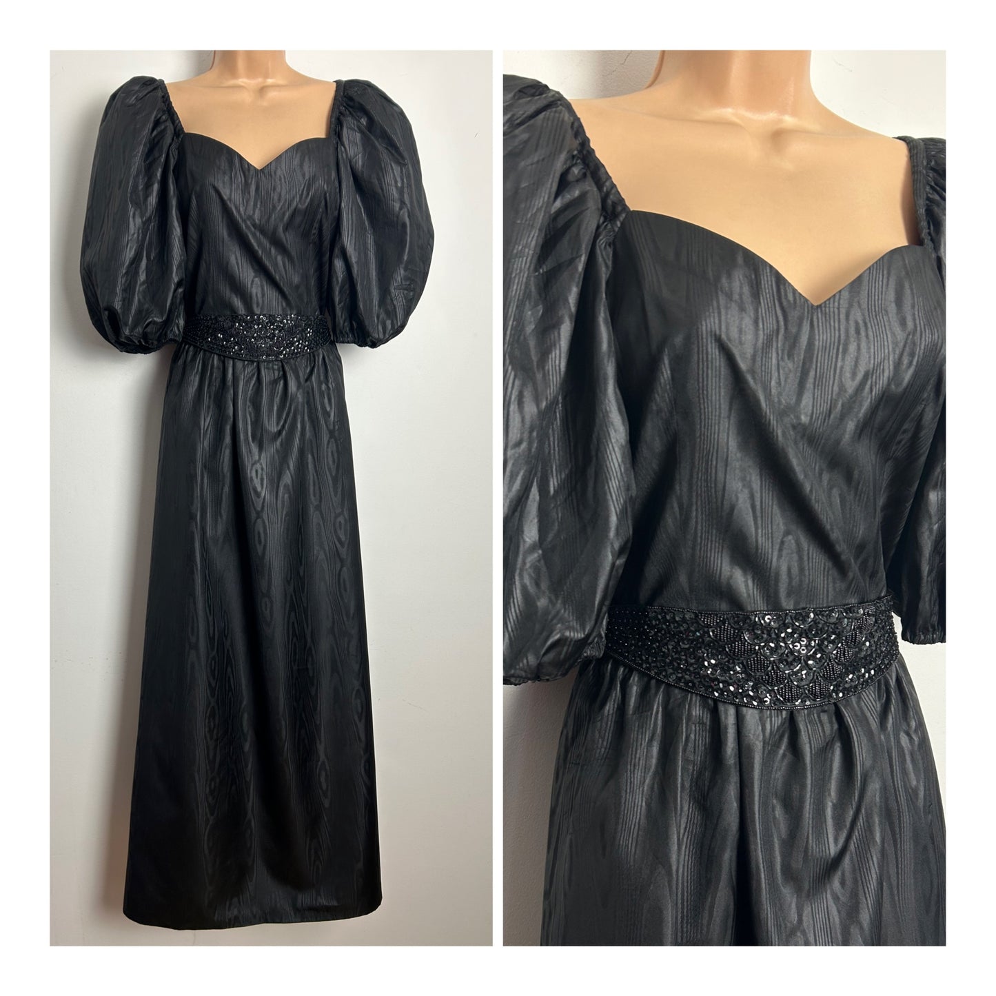 Vintage 1980s Size 10 Black Watermark Acetate Satin Bead & Sequin Belted Puff Sleeve Evening Maxi Dress