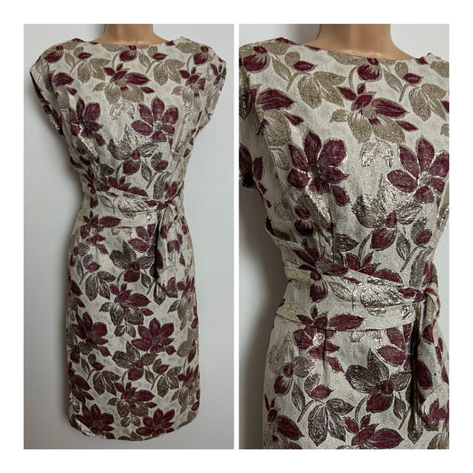 Vintage 1960s ELKA Size 10 Beige Maroon & Gold Floral Lurex Bow Detail Fitted Wiggle Party Evening Dress