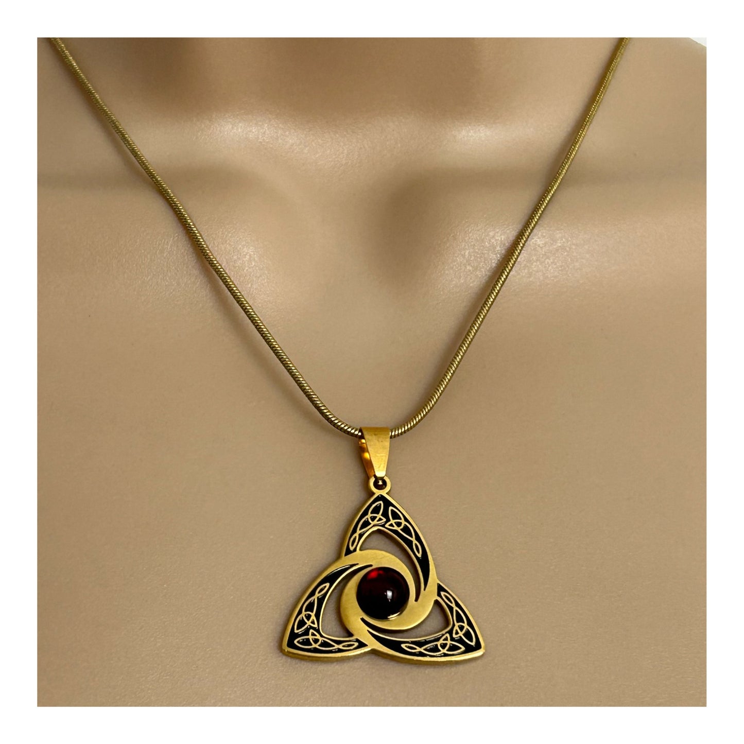 Vintage Gold Tone Celtic Inspired Triquetra Knotwork Red Stone Set Pendant With Necklace