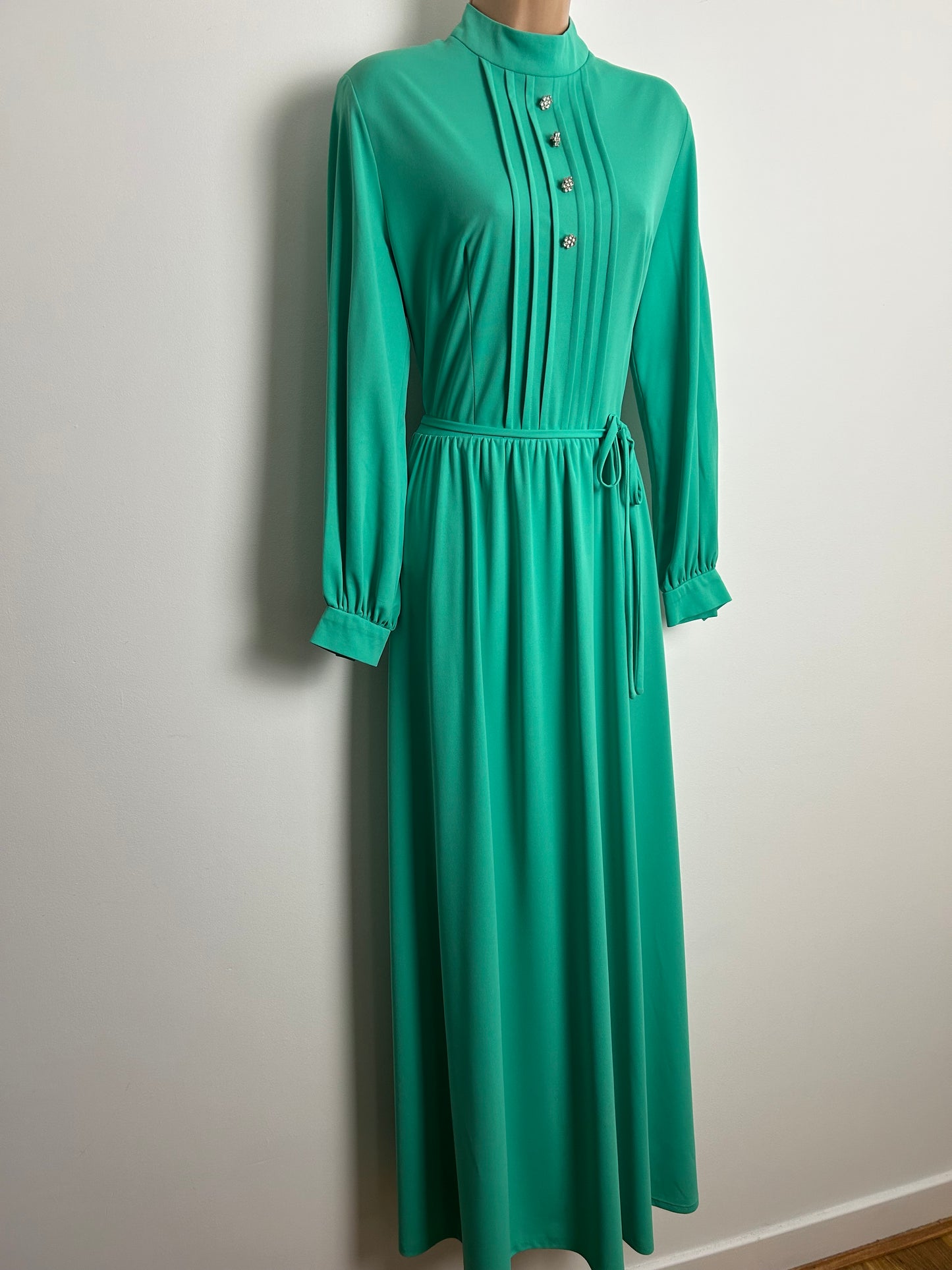 Vintage 1970s Size 14 Mint Green Diamante Buttons Long Sleeve Belted Occasion Maxi Dress