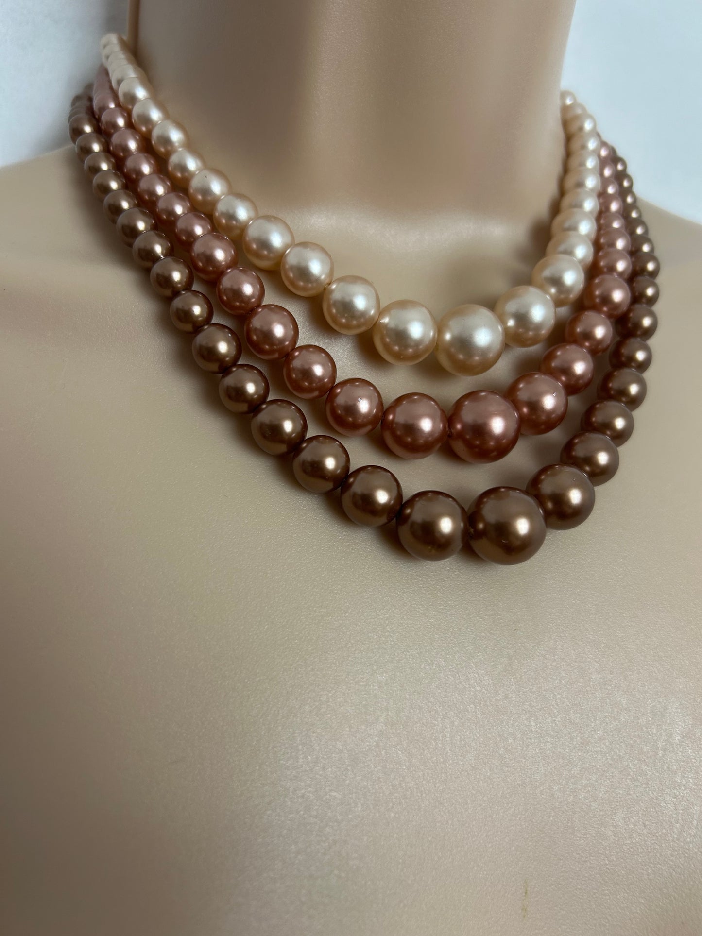 Vintage Bronze & Rose Gold Plastic Faux Pearl Graduated Bead Triple Strand Necklace