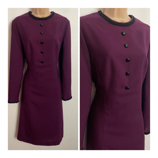 Vintage 1960s UK Size 12 Aubergine Purple Black Braid Trim Long Sleeve Mod Shift Dress