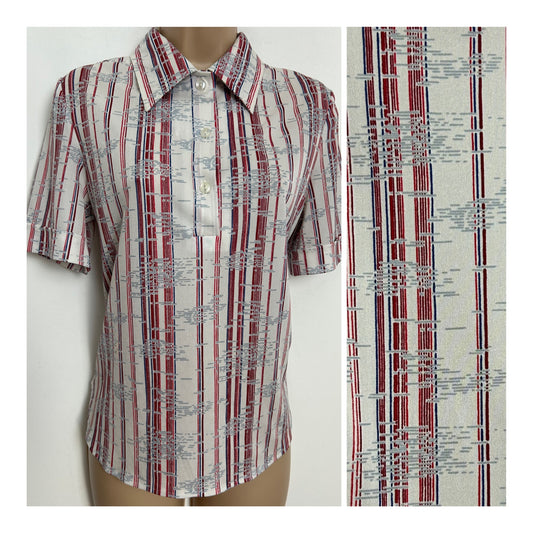 Vintage 1970s Size 10 White Red & Blue Stripe Print Short Sleeve Shirt