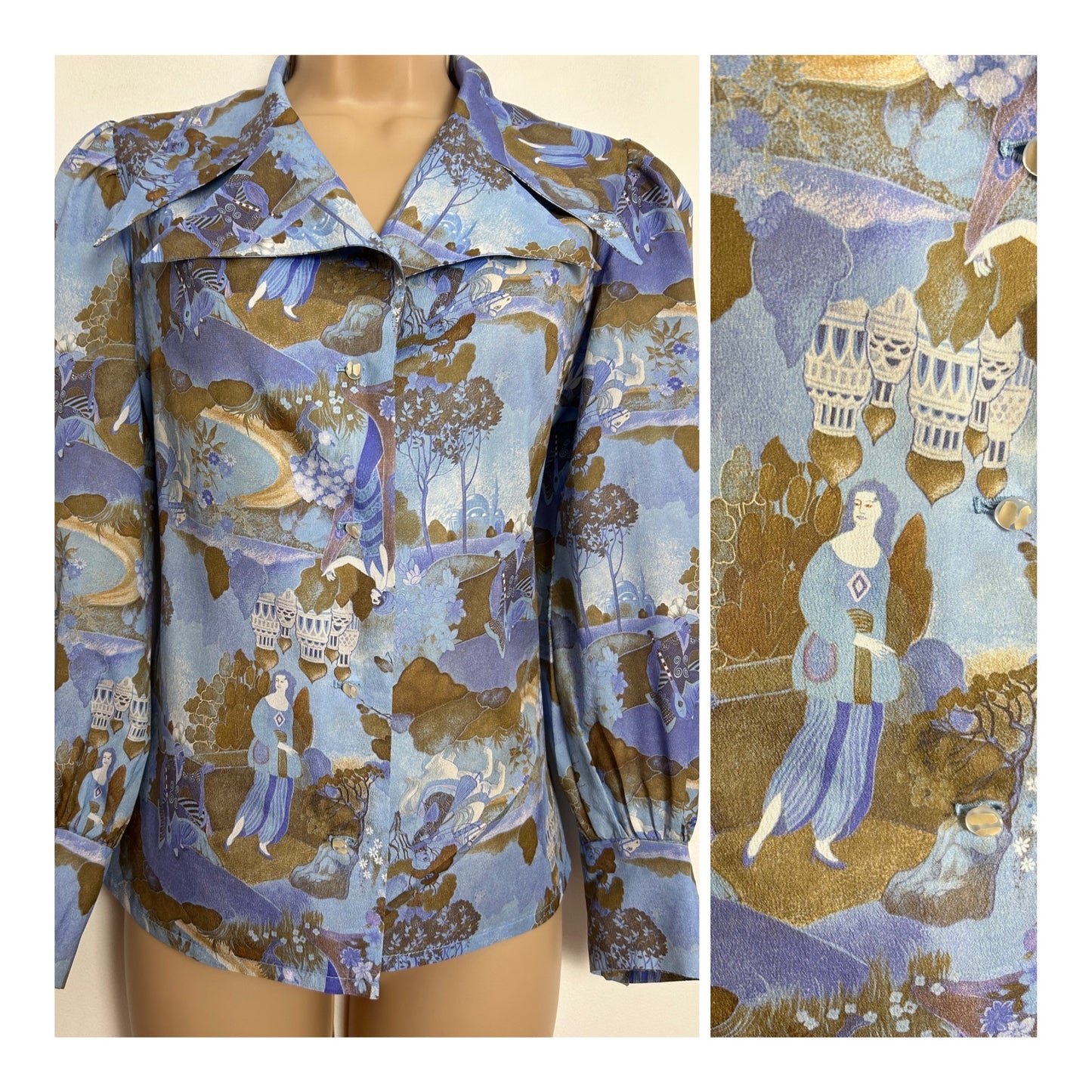 Vintage 1970s UK Size 8-10 Blue & Brown Persian Garden Scenes Novelty Print Double Collar Shirt