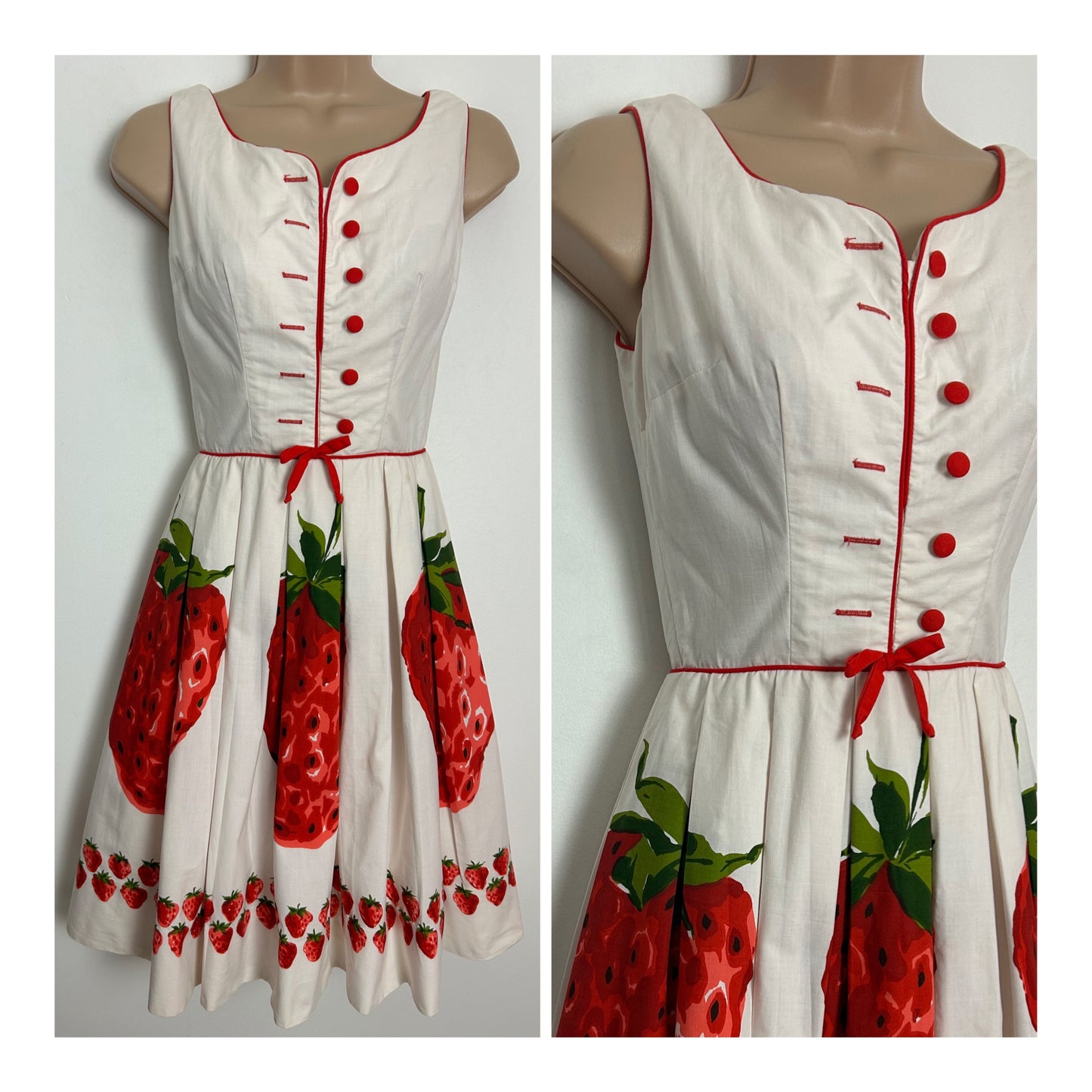 Vintage 1950s BLANES Size 6 AMAZING Cream & Red Strawberry Print Cotton Belted Pleated Dress