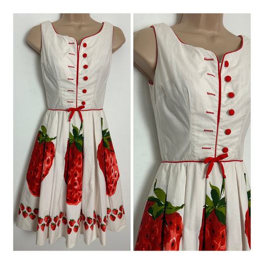Vintage 1950s BLANES Size 6 AMAZING Cream & Red Strawberry Print Cotton Belted Pleated Dress