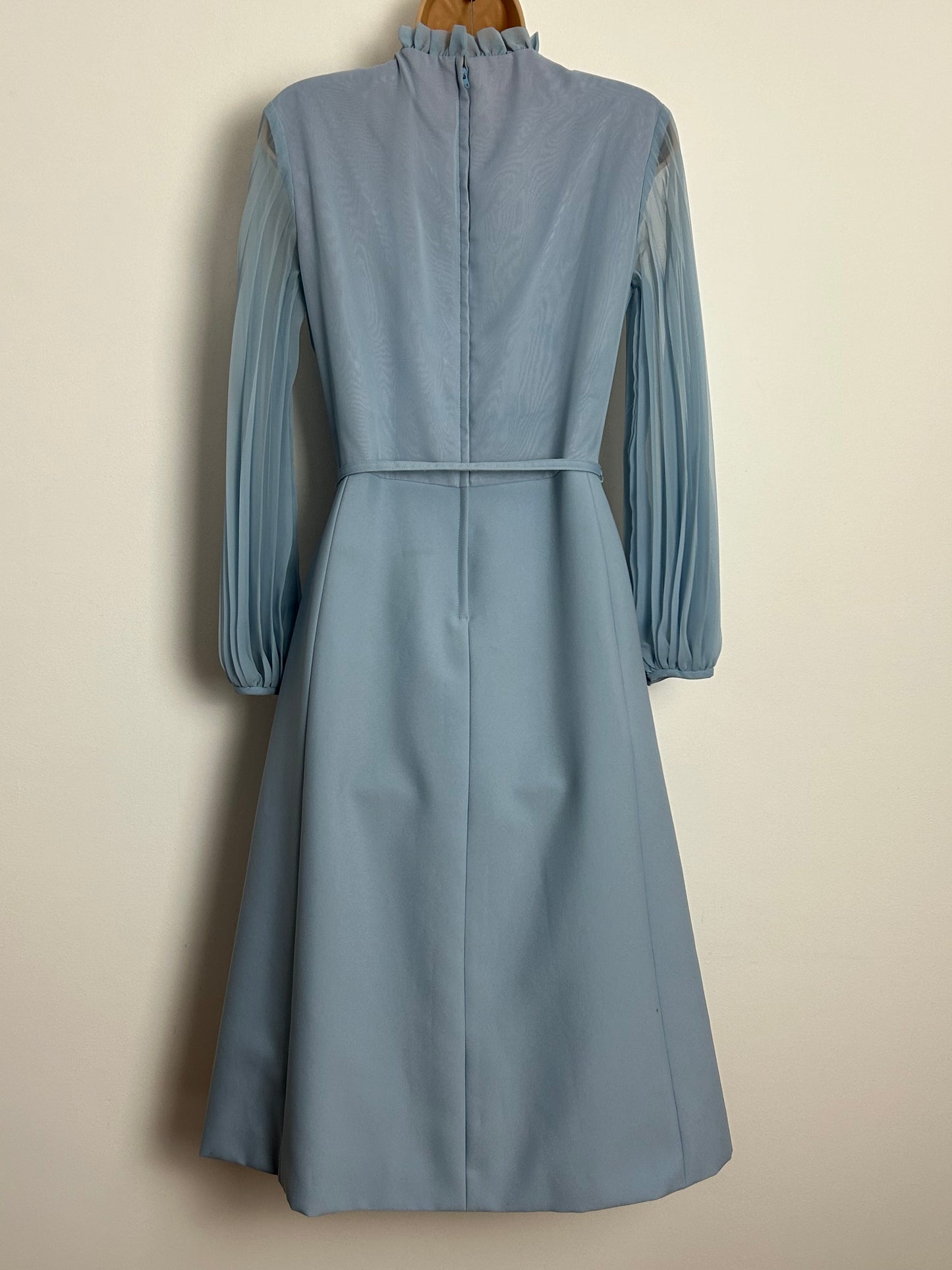 Vintage 1960s PEGGY FRENCH COUTURE UK Size 10 Powder Blue Long Pleated Sleeve Belted Dress With Matching Sleeveless Jacket