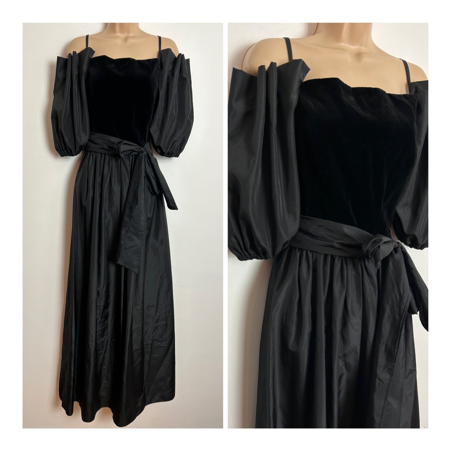 Vintage Early 1980s CHARADE UK Size 8 Black Velvet & Acetate Pleated Cold Shoulder Puffed Sleeve Belted Occasion Evening Maxi Dress