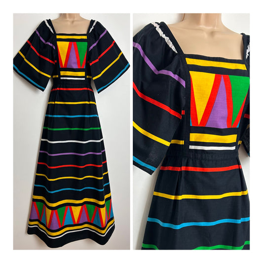Vintage 1970s BETTY BARCLAY UK Size 6 Black Multicolour Stripe Print Short Wide Sleeve Tie Back Cotton Maxi Dress