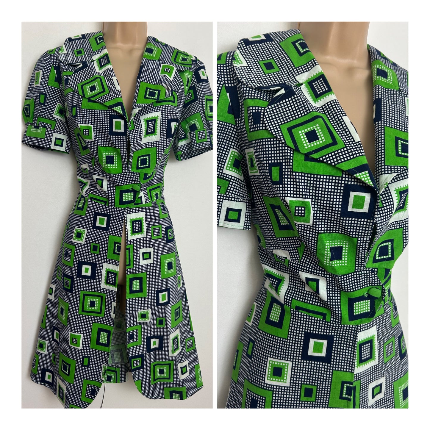 Vintage 1960s VANESSA Size 10 Navy Blue & Gren Check Print Cotton Open Front Mod Wrap Dress