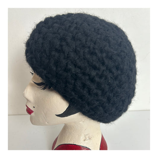 Vintage Black Chunky Knit Wool Beanie/Beret Style Hat