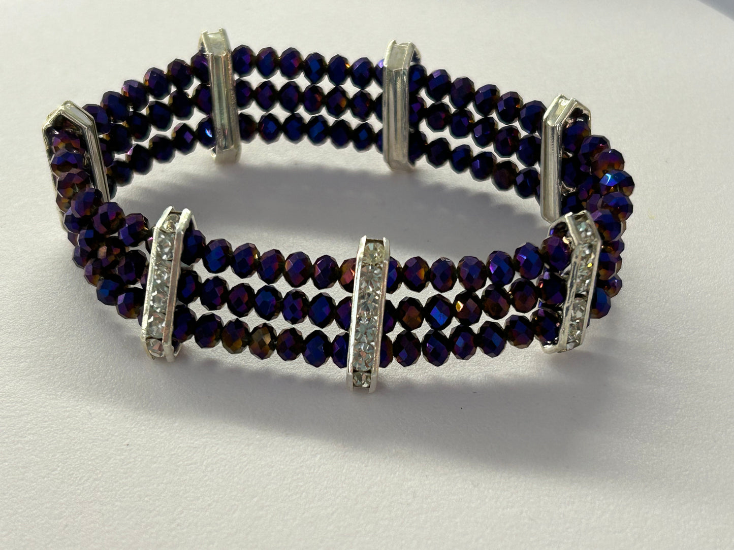 Vintage Purple Crystal Beads & Diamante Set Stretchy Bracelet