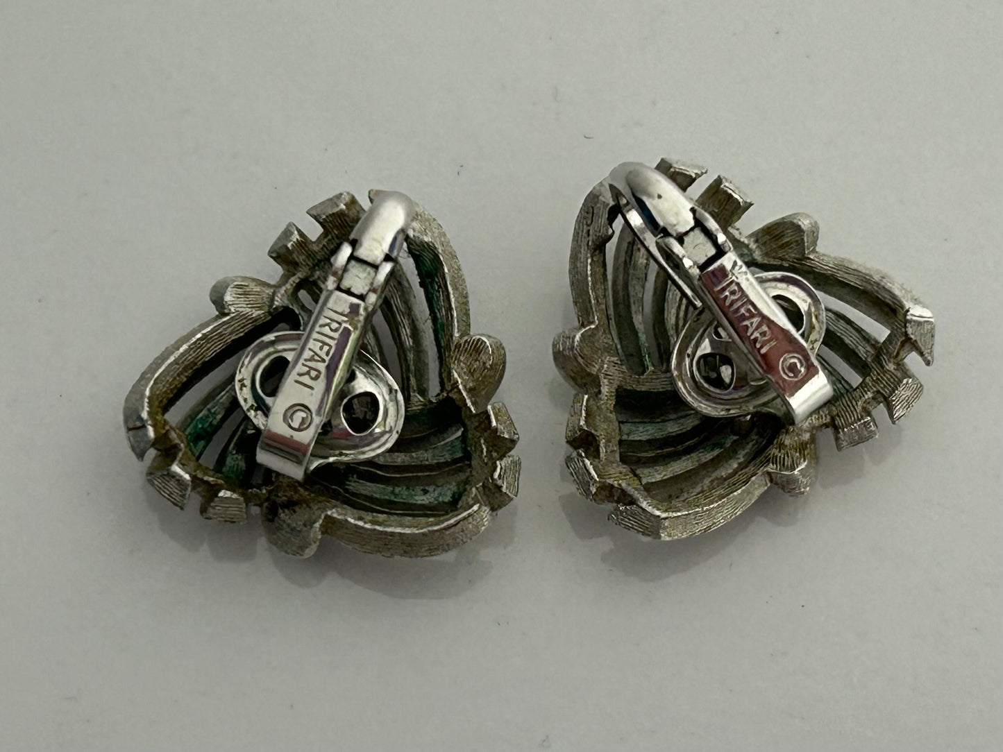 Vintage 1960s TRFARI Silver Tone Brushed Effect Clip On Earrings