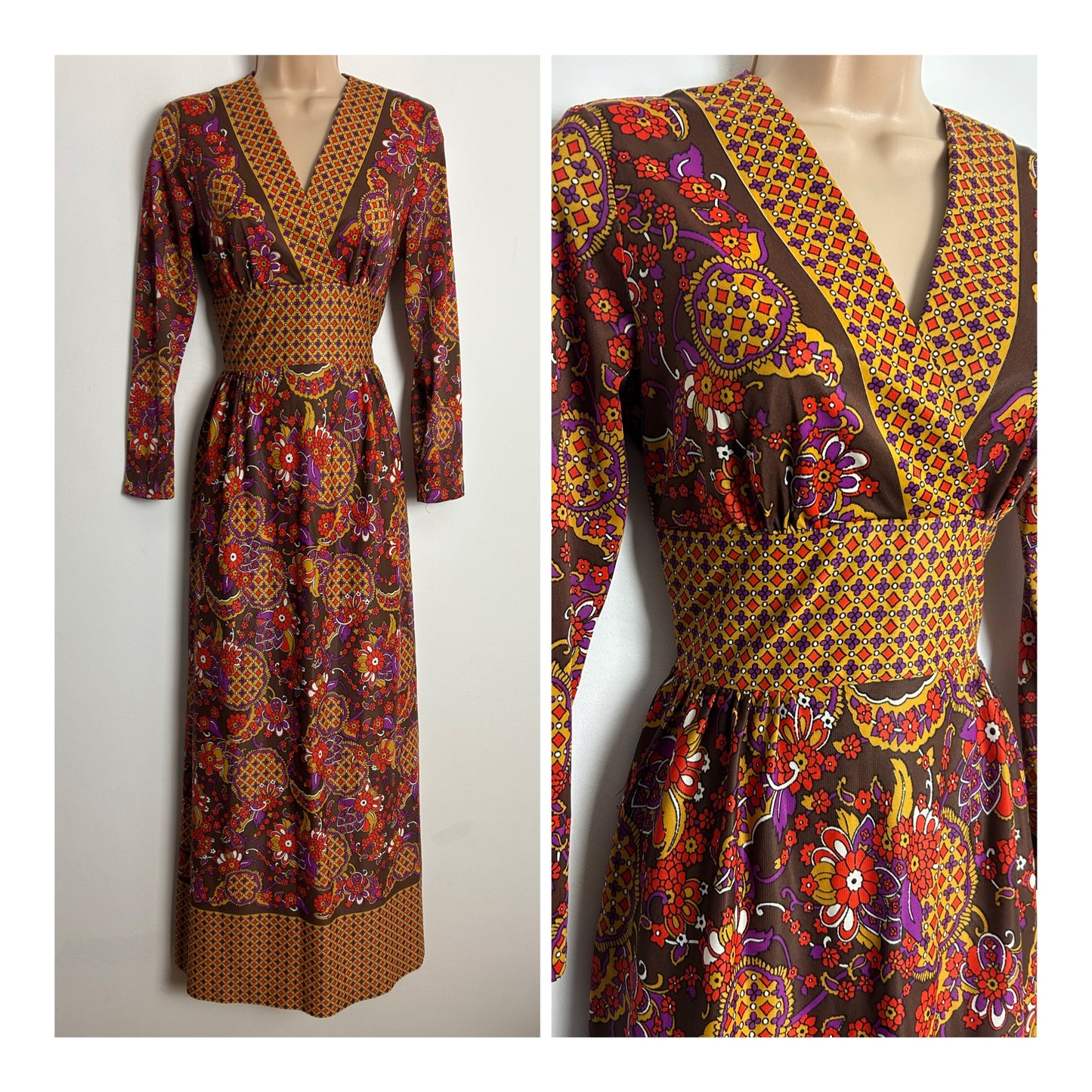 Vintage 1970s UK Size 6-8 Brown Mustard Yellow & Red Abstract Floral & Grid Print Long Sleeve Maxi Dress