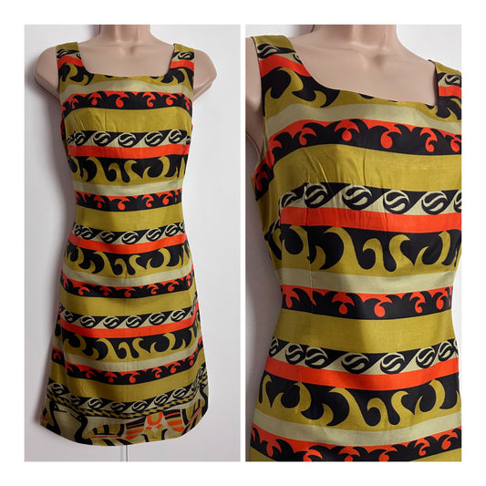 Vintage 1960s UK Size 10 Gorgeous Black Orange & Khaki Tones Abstract Stripe Print Dress