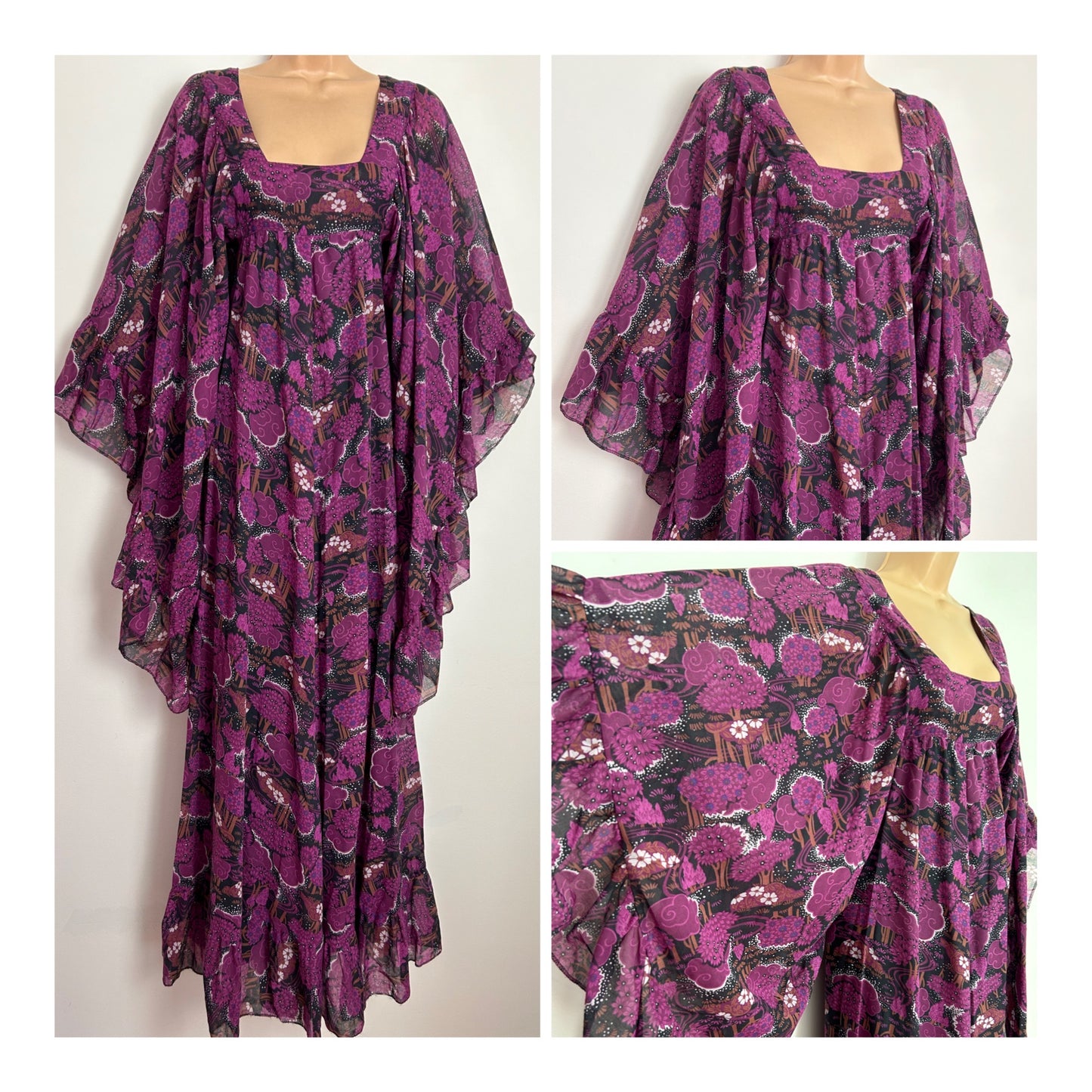 Vintage Late 1960s Very Rare CROWTHERS Approx UK Size 8 INCREDIBLE Black & Dark Pink Whimsical Tree Print Wide Sleeve Kaftan Style Boho Maxi Dress