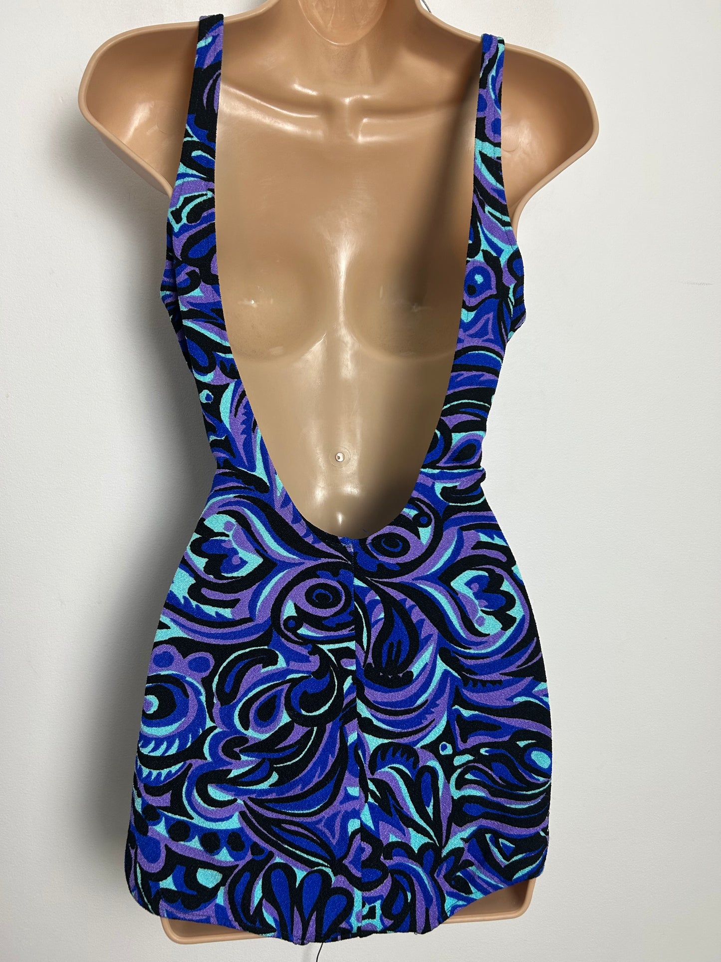 Vintage 1960s LUSA Size 14 Blue Blue & Pink Psychedelic Abstract Print Underwired Swimsuit