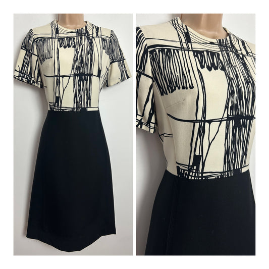 Vintage 1960s Size 10 Black & Cream Abstract Print Pure New Wool Short Sleeve Mod Dress