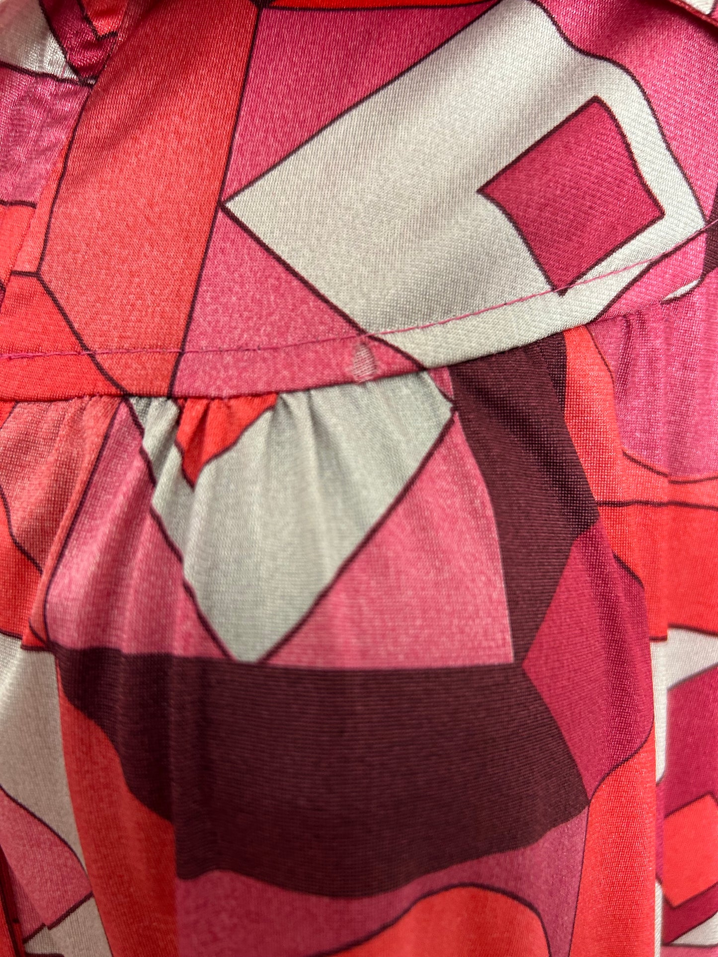 Vintage 1970s J By JAYS Size 12 Pink & Red Tones Geo Print Long Sleeve Loose Smock Kaftan Style Maxi Dress