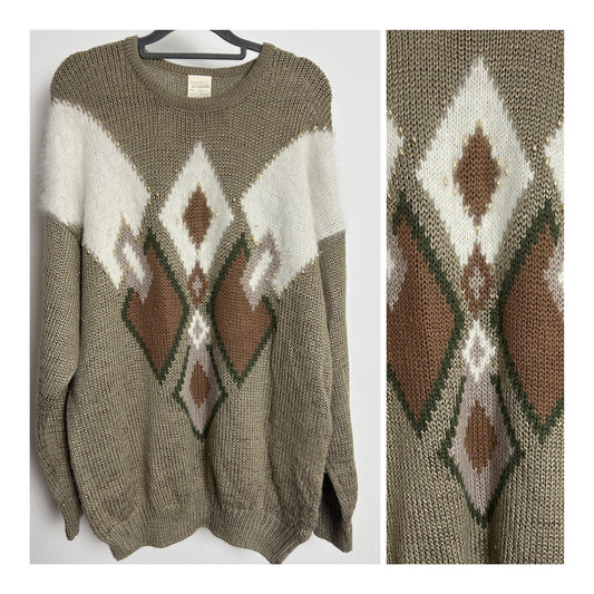 Vintage 1980s Up To Size 16 Fawn White & Brown Wool & Angora Mix Bead Detail Slouchy Jumper