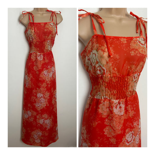 Vintage 1970s Size 10 Dark Orange & Coral Floral Print Chiffon Tie Straps Summer Maxi Dress