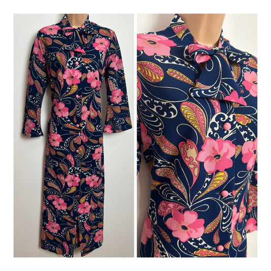 Vintage 1970s 12-14 Black Pink & White Floral & Paisley Print Scarf Neck Hostess Gown Or Maxi Dress
