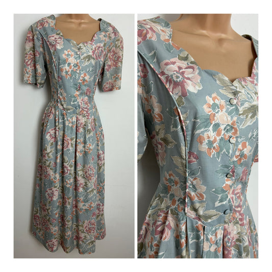 Vintage 1980s LAURA ASHLEY Size 12 (16 On label) Pale Blue & Dusky Pink Floral Print Cotton Tea Dress
