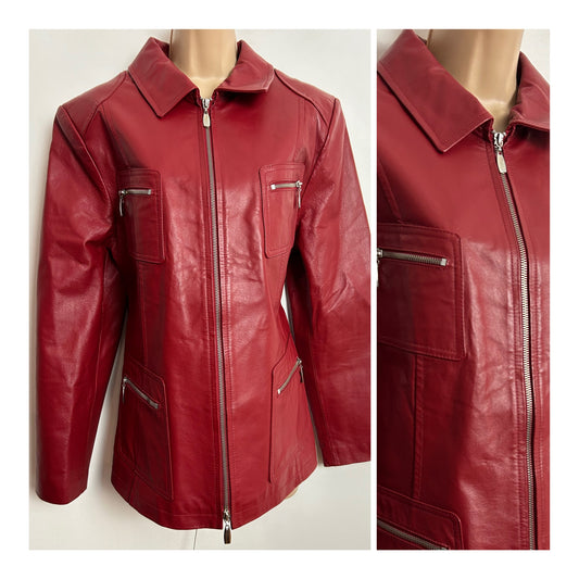 Vintage Late 1980s UK Size 14-16 Red Leather Zip Fronted Pocket Detail Jacket