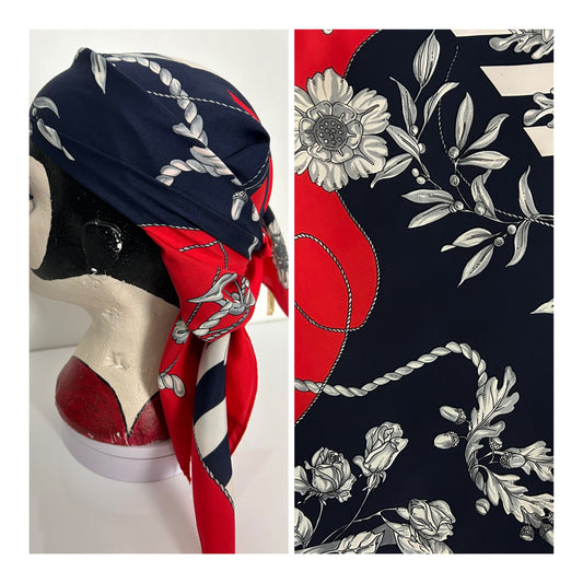 Vintage Red Navy Blue White & Grey Floral Wreath & Rope Print Scarf 70cm x 70cm