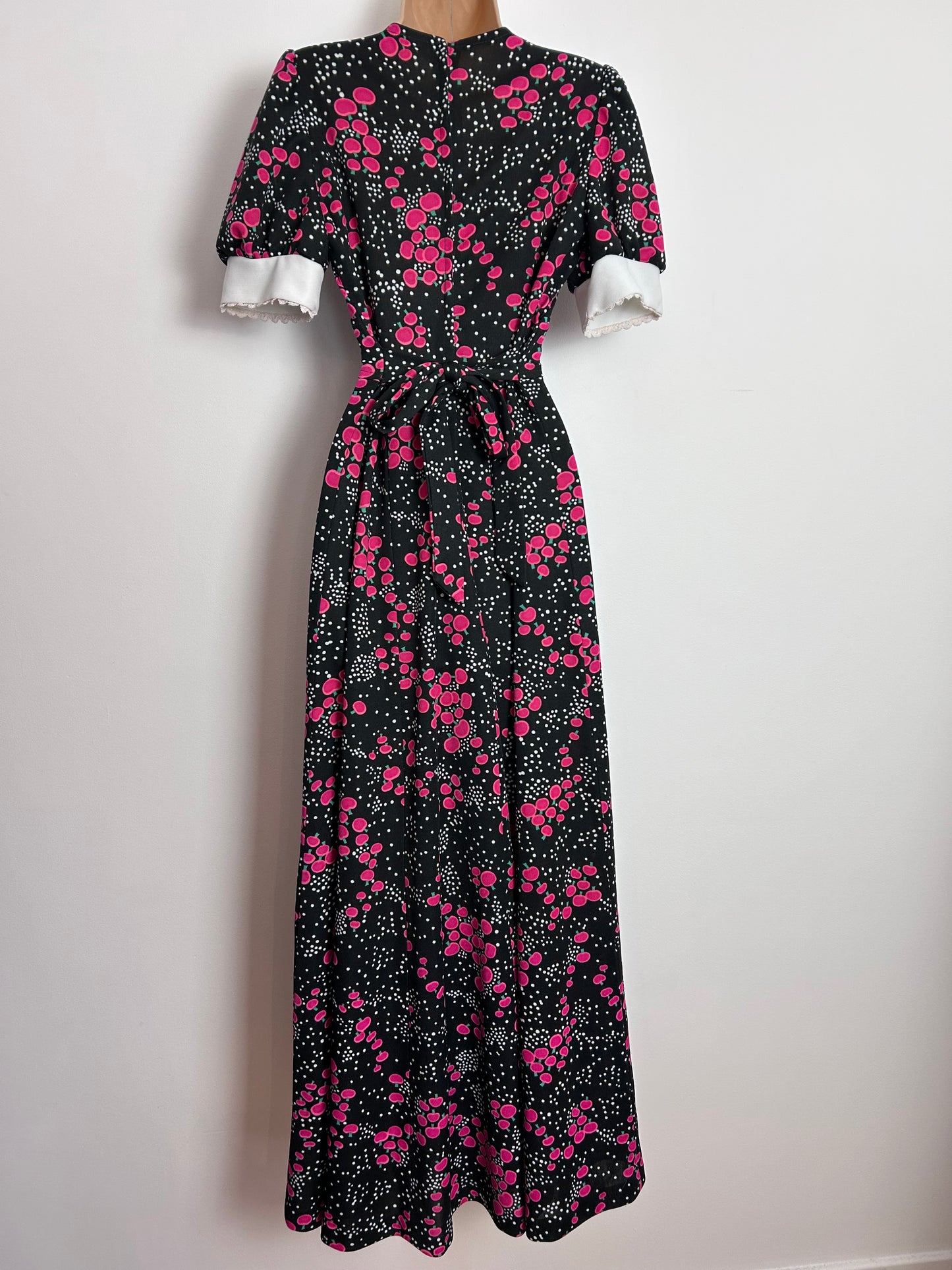 Vintage 1970s UK Size 10 Black Pink & White Spot & Stylised Apple Print Maxi Dress