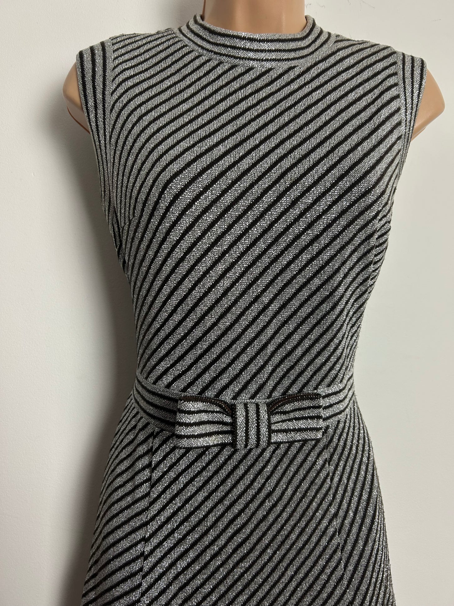Vintage 1960s Size 12 Silver & Brown Lurex Stripe Bow Detail Mod Party Dress