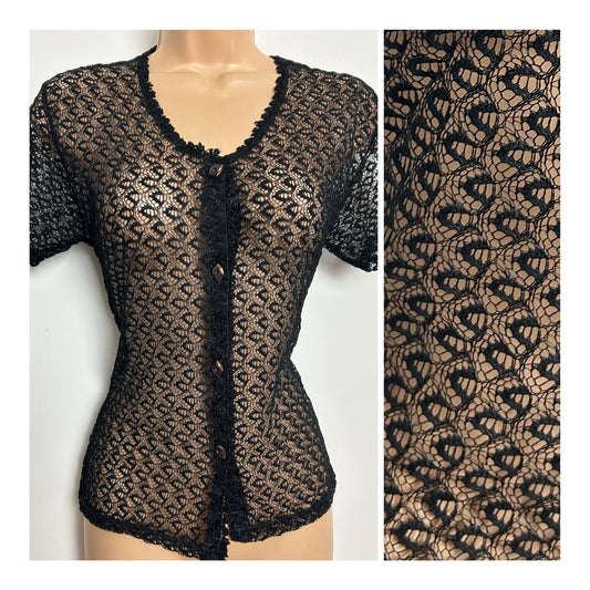 Vintage 1980s Size 8-10 Black Lace Short Sleeve Sheer Shirt
