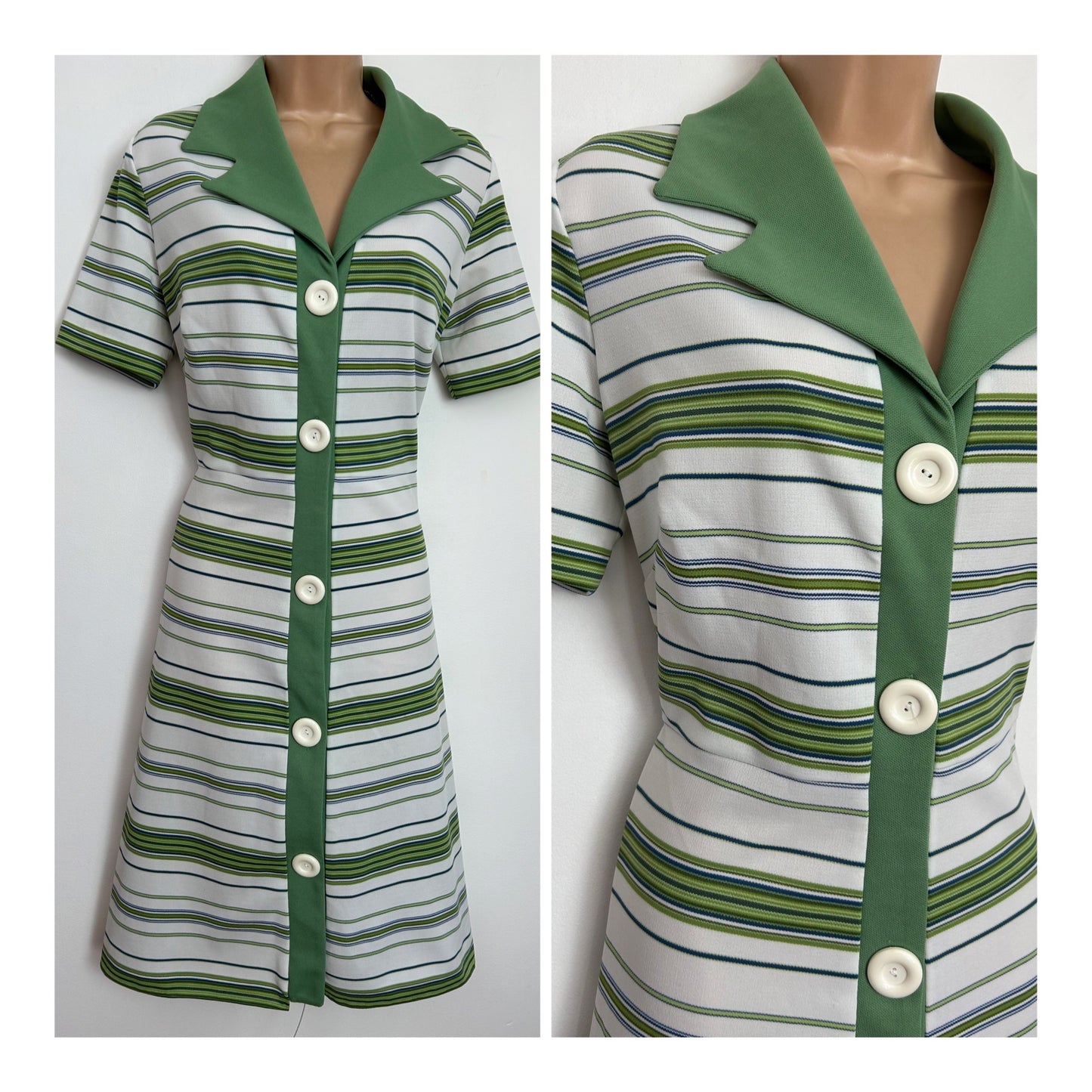 Vintage 1970s UK Size 12 White & Green Stripe Wide Collared Mod Shift Dress