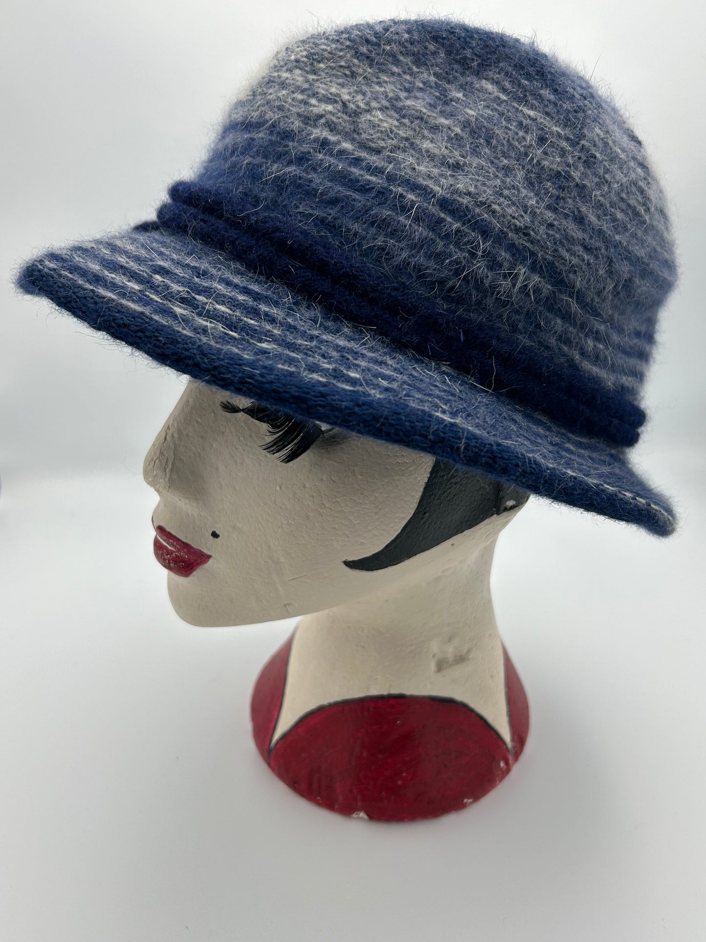 Vintage C&A Blue & White Stripe Angora  & Wool Mix Bow Detail Trilby Style Hat