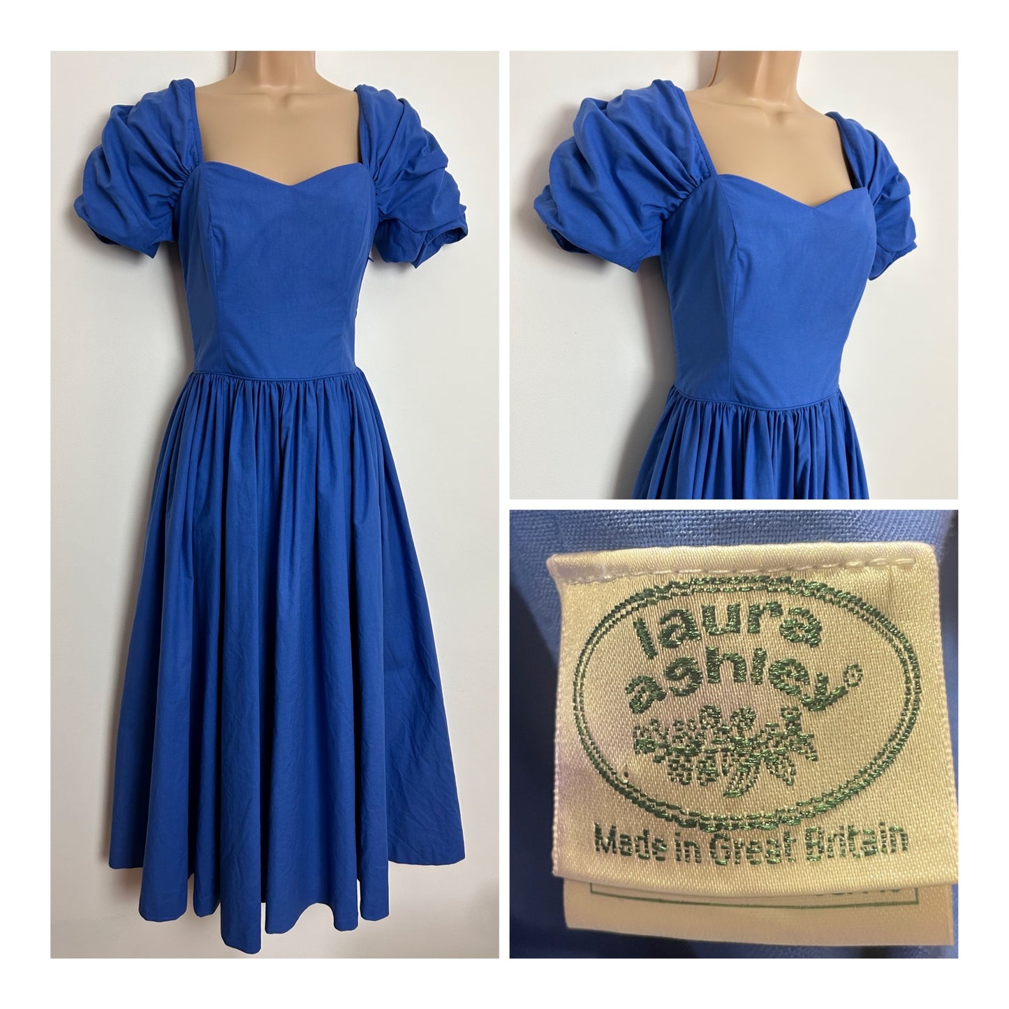 Vintage 1980s LAURA ASHLEY UK Size 6/8 (12 On Label) Blue Ruched Puff Sleeve Gather Pleated Cotton Midi Dress