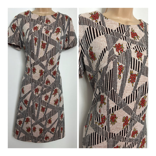 Vintage 1960s ELI MODELLE Size 12 Beige Brown & Red Stripe & Floral Print Mod Shift Dress