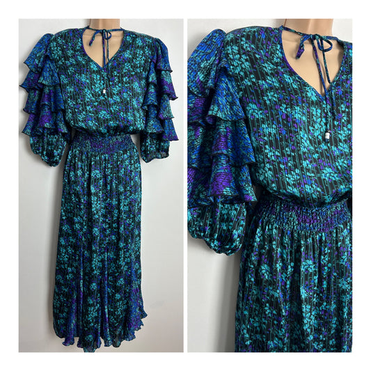 Vintage 1980s JANAN STUDIO Size M (UK Size 10-12) Black Turquoise Green Purple & Blue Floral & Stripe Layered Ruffle Sleeve Tie Neck Midi Day Dress