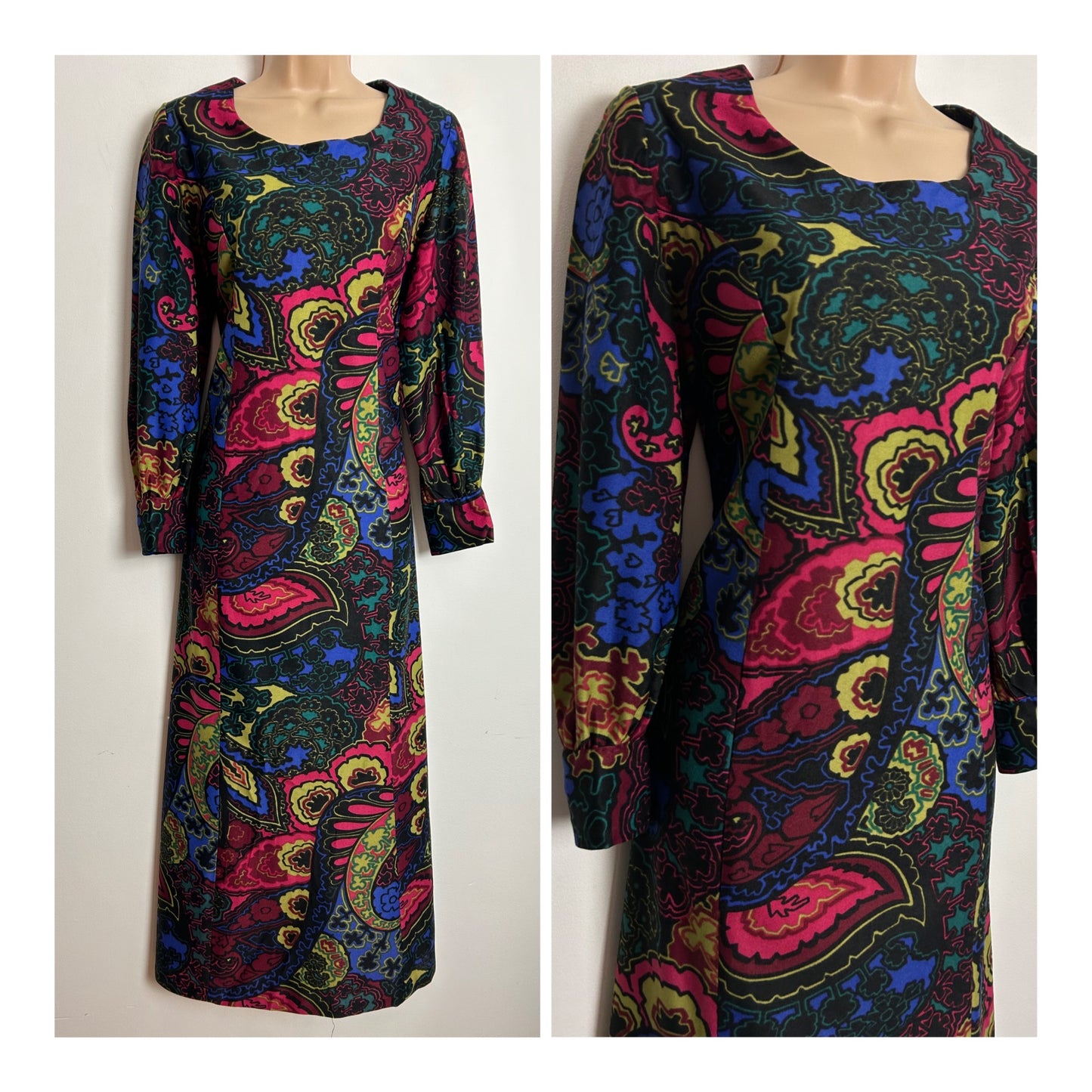 Vintage 1970s UK Size 10 Black Blue Green & Dark Pink Bold Floral Print Long Sleeve Boho Midaxi Dress