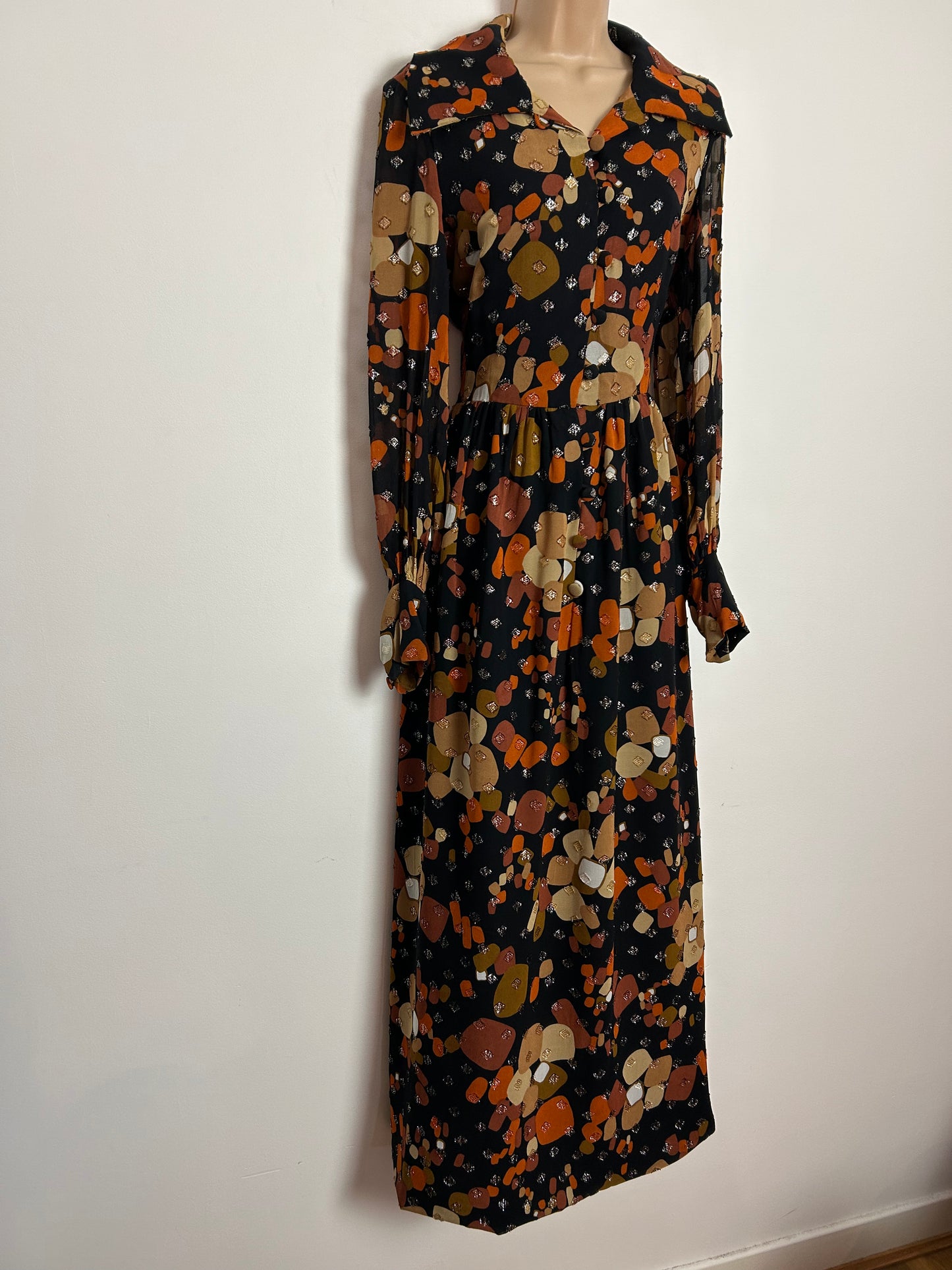 Vintage 1970s ROGAIRE UK Size 12 Black Rust Brown Beige & Gold Abstract Print Long Sleeve Occasion Dress