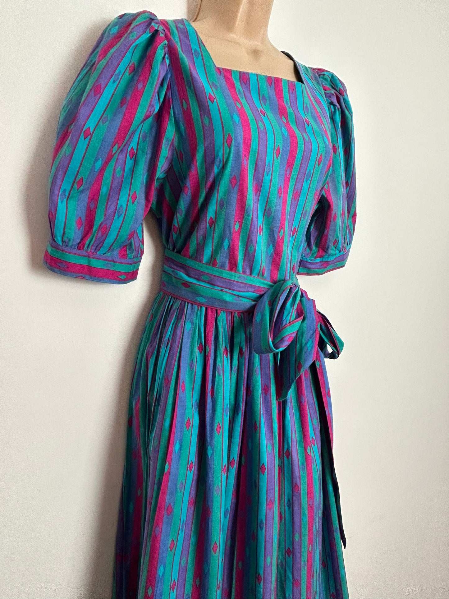 Vintage 1980s LAURA ASHLEY UK Size 12 Turquoise Purple & Pink Stripe & Diamond Print Cotton Belted Midi Dress