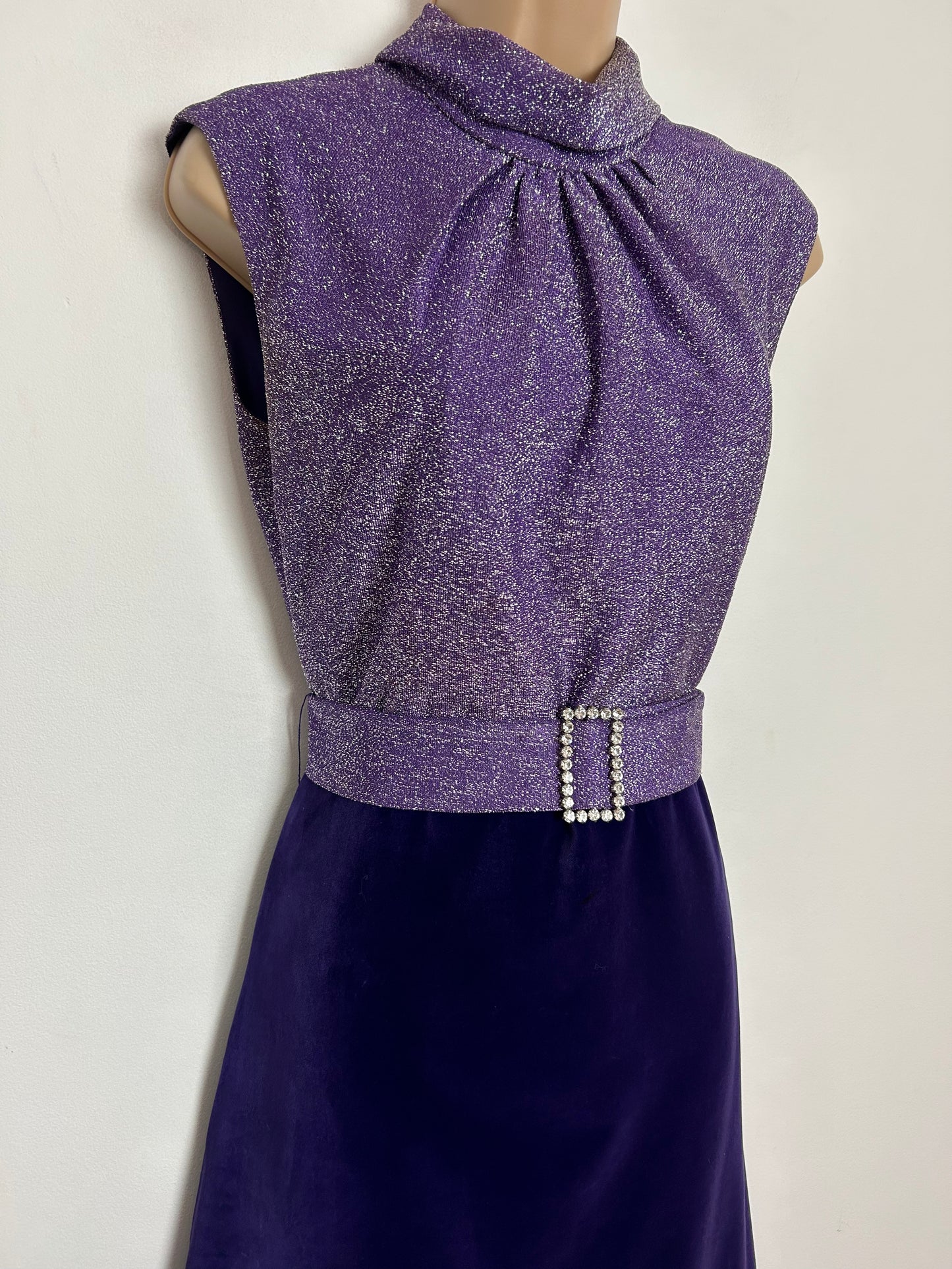 Vintage 1970s UK Size 10 Purple Velvet & Lurex Sleeveless Belted Occasion Evening Maxi Dress